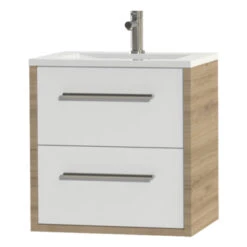 Tiger Badkamermeubel Boston 60 Cm Chalet Eik Met Polybeton Wastafel Wit En Ronde Grepen RVS -badkamer 123 1013