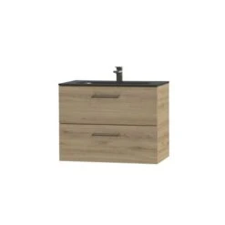 Tiger Studio Badkamermeubel 80 Cm Chalet Eiken Met Wastafel Polybeton Mat Zwart Greep Rvs Afgerond -badkamer 123 1021