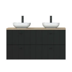 Tiger Maryport Badkamermeubelset 120 Cm Mat Zwart Met Licht Eiken Houten Wasblad, Keramische Opzetkommen En Matzwarte Grepen -badkamer 123 1069