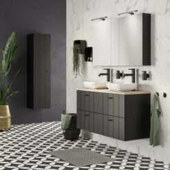 Tiger Maryport Badkamermeubelset 120 Cm Mat Zwart Met Licht Eiken Houten Wasblad, Keramische Opzetkommen En Matzwarte Grepen -badkamer 123 1074