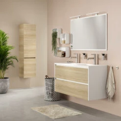 Tiger Reverse Meubelset 120 Cm Met 2 Lades Naturel Eik / Mat Wit Inclusief Oval Wastafel Dubbel Mat Wit -badkamer 123 1101