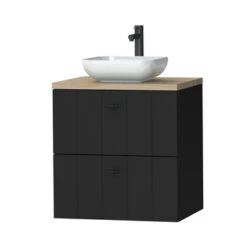 Tiger Maryport Badkamermeubelset 60 Cm Mat Zwart Met Licht Eiken Wasblad, Keramische Opzetkom En Matzwarte Grepen