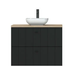 Tiger Maryport Badkamermeubelset 80 Cm Mat Zwart Met Licht Eiken Houten Wasblad, Keramische Opzetkom En Matzwarte Grepen -badkamer 123 1261