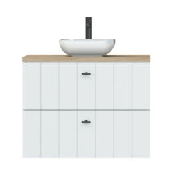 Tiger Maryport Badkamermeubelset 80 Cm Mat Wit Met Licht Eiken Wasblad, Keramische Opzetkom En Matzwarte Grepen -badkamer 123 1403