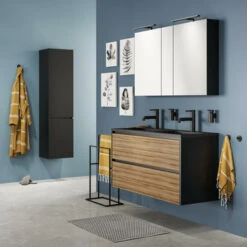 Tiger Reverse Meubelset 120 Cm Met 2 Lades Chalet Eik / Mat Zwart Inclusief Oval Wastafel Dubbel Mat Zwart -badkamer 123 157