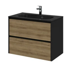 Tiger Reverse Meubelset 80 Cm Met 2 Lades Chalet Eik / Mat Zwart Inclusief Oval Wastafel Mat Zwart