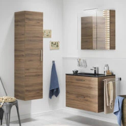 Tiger Studio Badkamermeubel 80 Cm Chalet Eiken Met Wastafel Polybeton Mat Zwart Greep Rvs Plat -badkamer 123 310