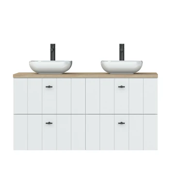 Tiger Maryport Badkamermeubelset 120 Cm Mat Wit Met Licht Eiken Houten Wasblad, Keramische Opzetkom En Matzwarte Grepen 5 Tiger Maryport Badkamermeubelset 120 Cm Mat Wit Met Licht Eiken Houten Wasblad, Keramische Opzetkom En Matzwarte Grepen - Afbeelding 3