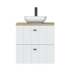 Tiger Maryport Badkamermeubelset 60 Cm Mat Wit Met Licht Eiken Wasblad, Witte Keramische Opzetkom En Matzwarte Grepen -badkamer 123 518