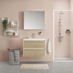 Tiger Reverse Meubelset 80 Cm Met 2 Lades Naturel Eik / Mat Wit Inclusief Quadro Wastafel Hoogglans Wit -badkamer 123 618