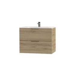 Tiger Studio Badkamermeubel 80 Cm Chalet Eiken Met Wastafel Polybeton Hoogglans Wit Greep Rvs Plat -badkamer 123 710