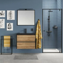 Tiger Reverse Meubelset 80 Cm Met 2 Lades Chalet Eik / Mat Zwart Inclusief Quadro Wastafel Mat Zwart -badkamer 123 748