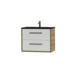 Tiger Badkamermeubel Boston 80 Cm Chalet Eik Met Polybeton Wastafel Mat Zwart En Ronde Grepen RVS -badkamer 123 878