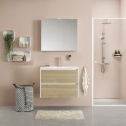 Tiger Reverse Meubelset 60 Cm Met 2 Lades Naturel Eik / Mat Wit Inclusief Quadro Wastafel Hoogglans Wit -badkamer 123 89